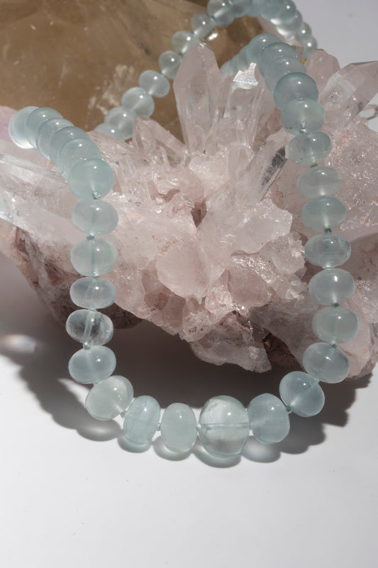 milky sky blue aquamarine bead knotted candy gemstone beaded necklace 14k