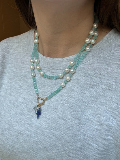 One of a Kind Blue Chalcedony and Pearl Knotted Candy Opera Necklace