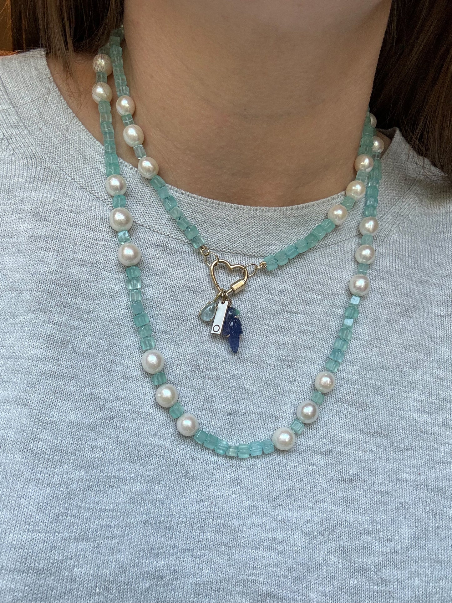 One of a Kind Blue Chalcedony and Pearl Knotted Candy Opera Necklace