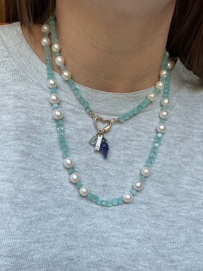 One of a Kind Blue Chalcedony and Pearl Knotted Candy Opera Necklace