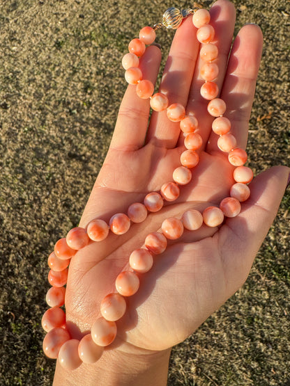 Pink Angel Skin Coral Knotted Bead Necklace 14K Gold