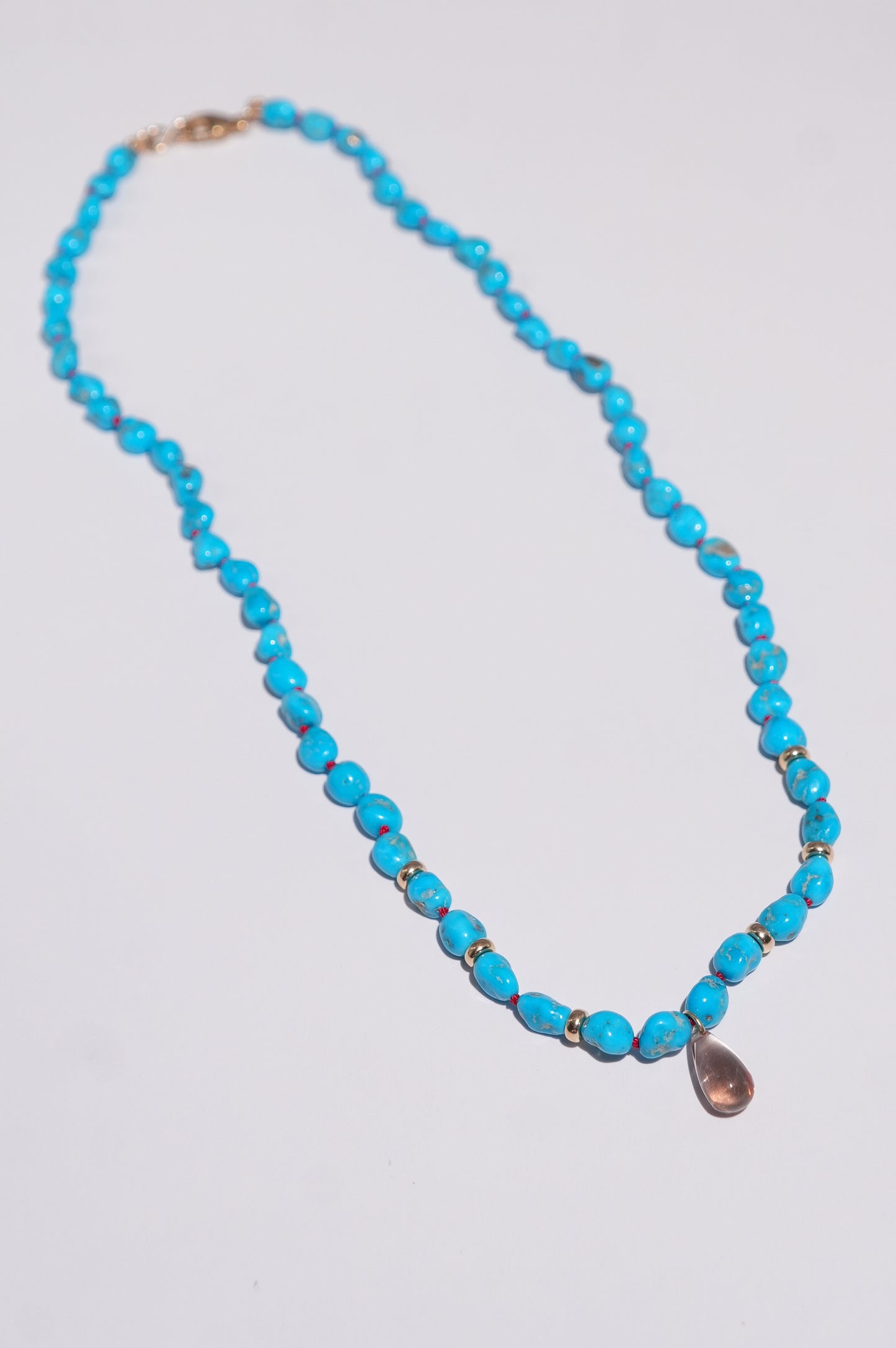 One of A Kind Sleeping Beauty Turquoise and Oregon Sunstone Knotted Candy Bead Necklace 14k Gold