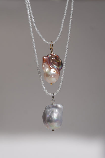 Pink Ultra Baroque Pearl and White Topaz Beaded Necklace