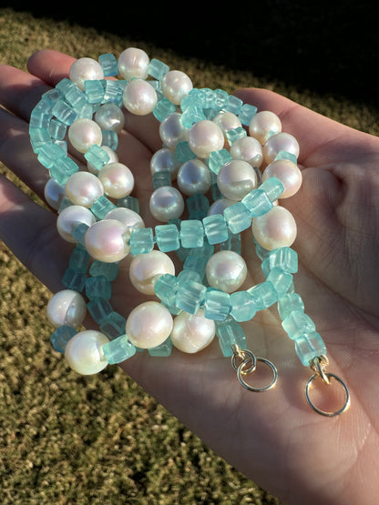 One of a Kind Blue Chalcedony and Pearl Knotted Candy Opera Necklace