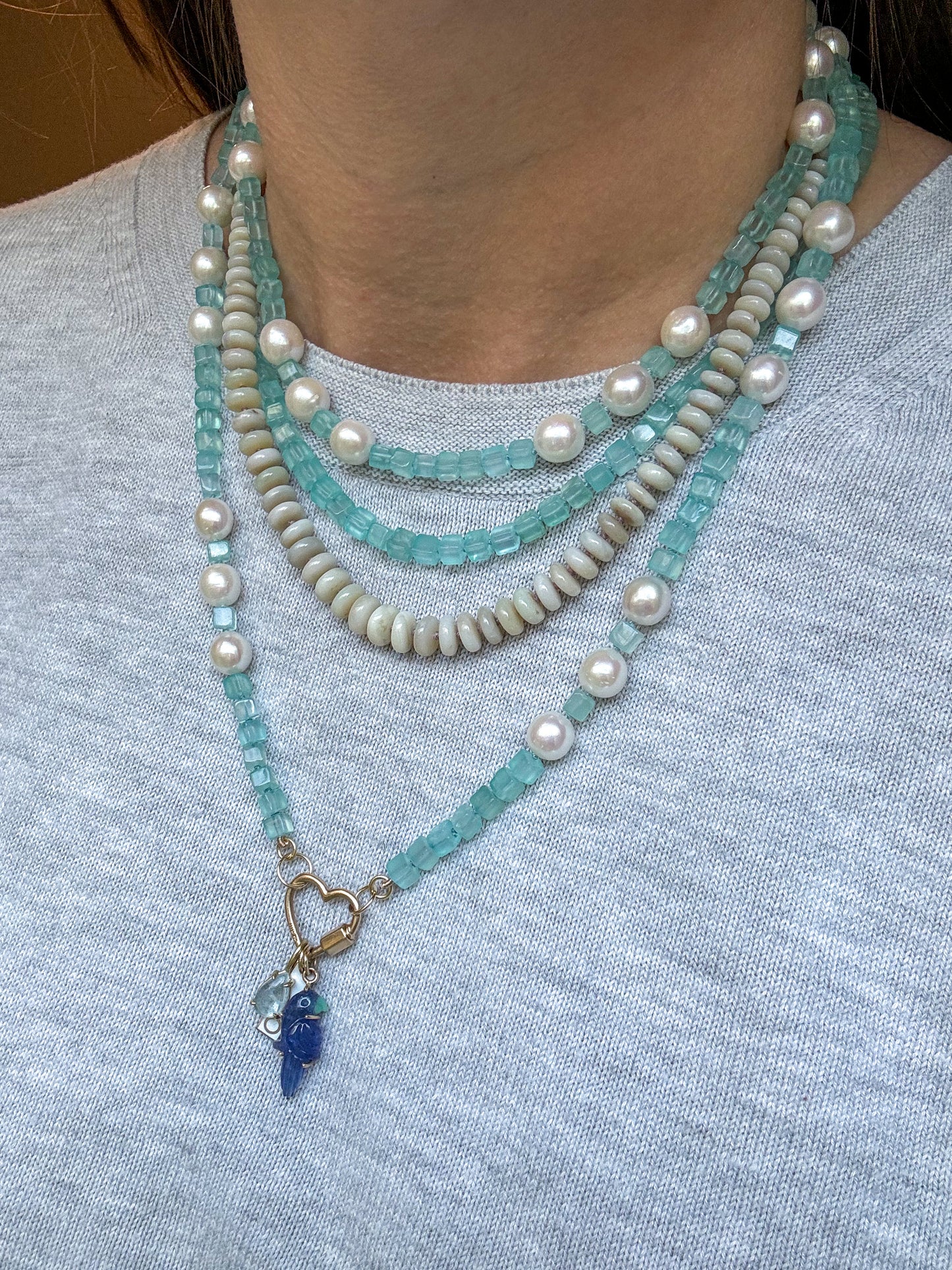 One of a Kind Blue Chalcedony and Pearl Knotted Candy Opera Necklace