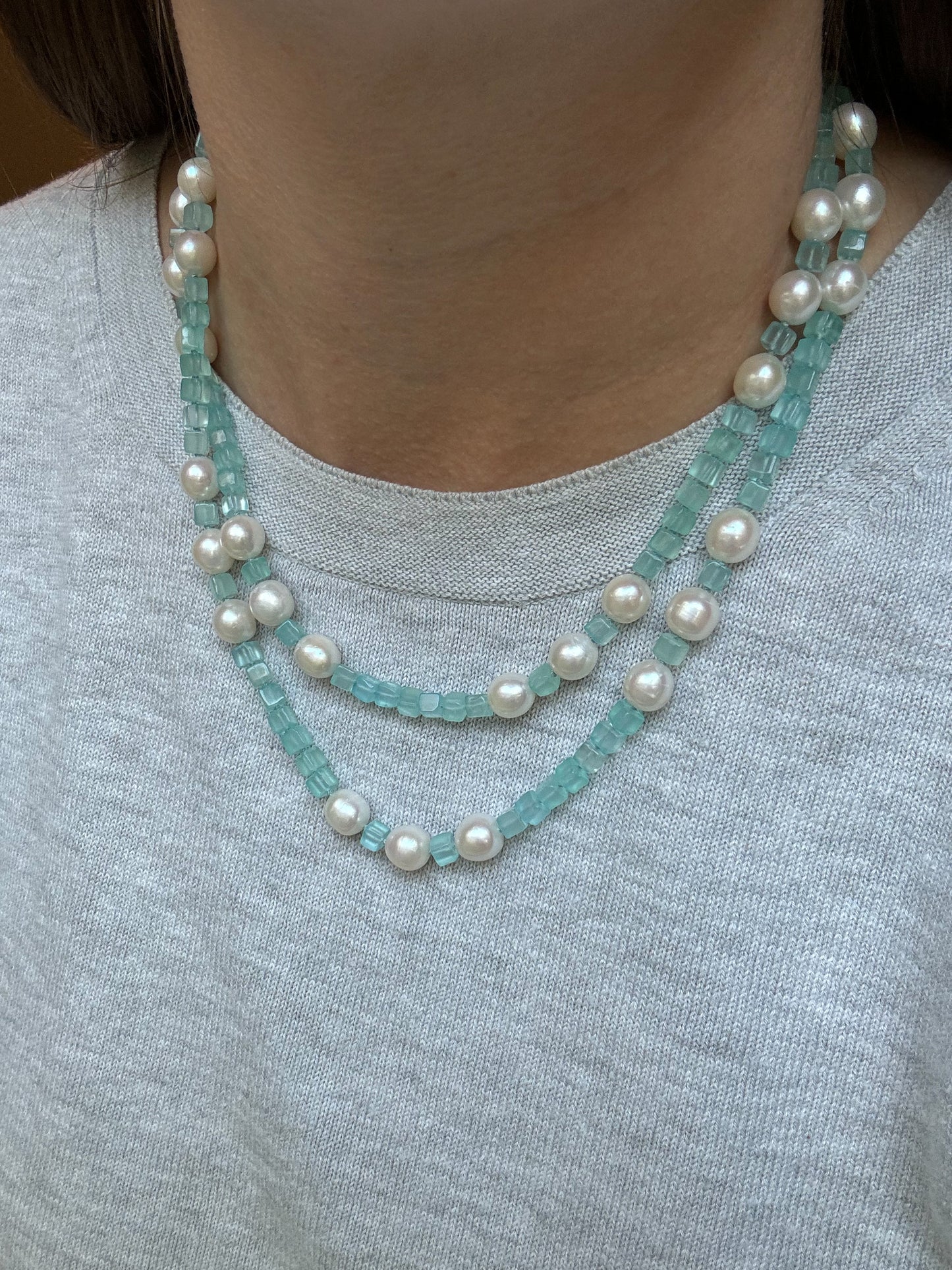 One of a Kind Blue Chalcedony and Pearl Knotted Candy Opera Necklace