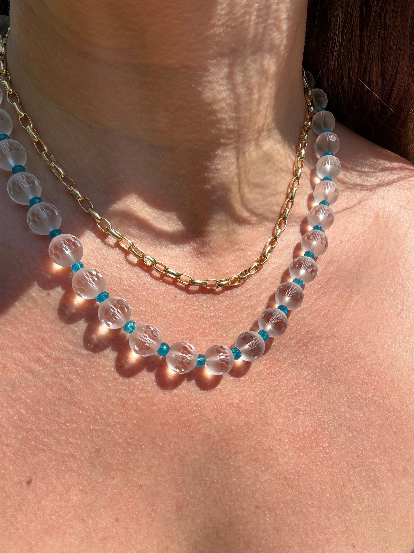 Clear Quartz and Apatite Beaded Necklace 14k