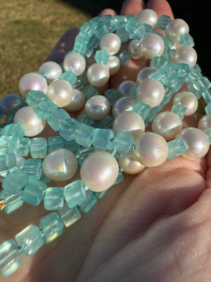 One of a Kind Blue Chalcedony and Pearl Knotted Candy Opera Necklace