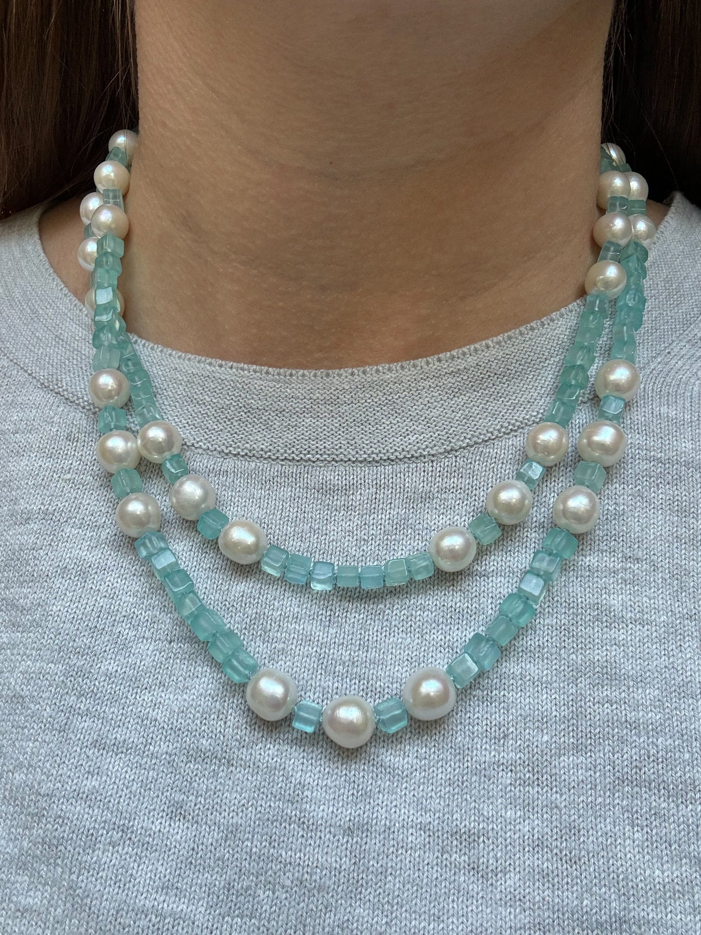 One of a Kind Blue Chalcedony and Pearl Knotted Candy Opera Necklace