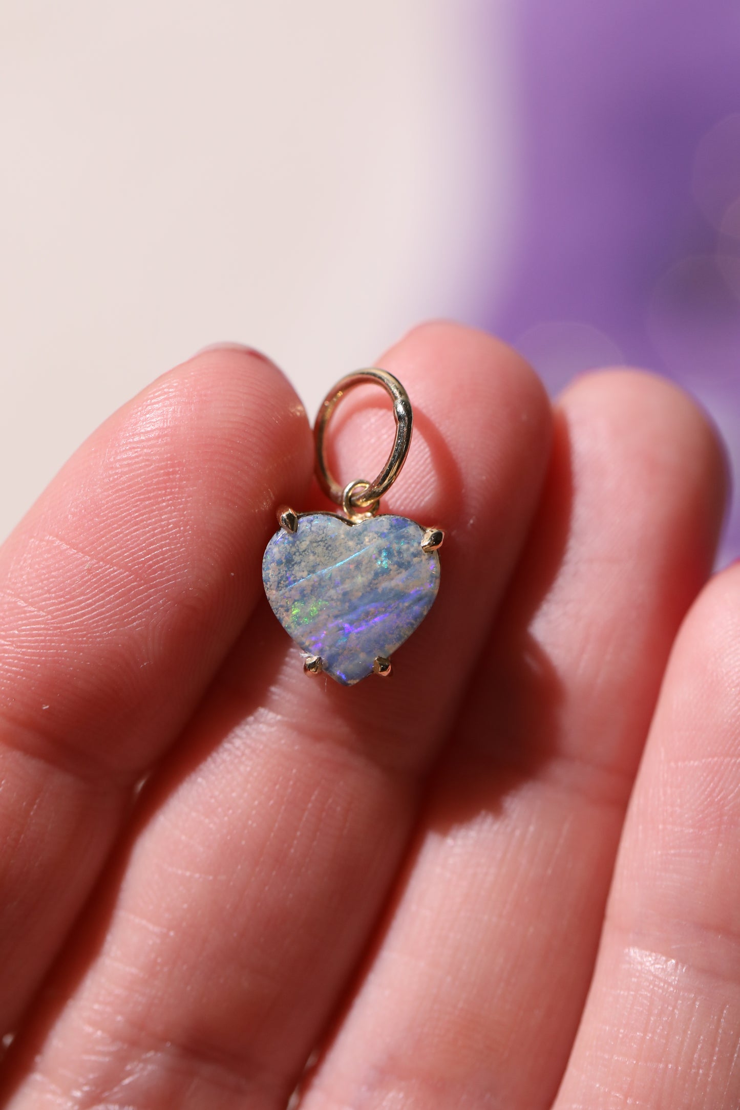 Ocean Sediment Rainbow Boulder Opal Heart Charm 14k