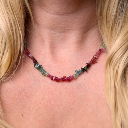 Gemstone Pixel Necklace | Tourmaline Multicolored Beads Necklace 14k