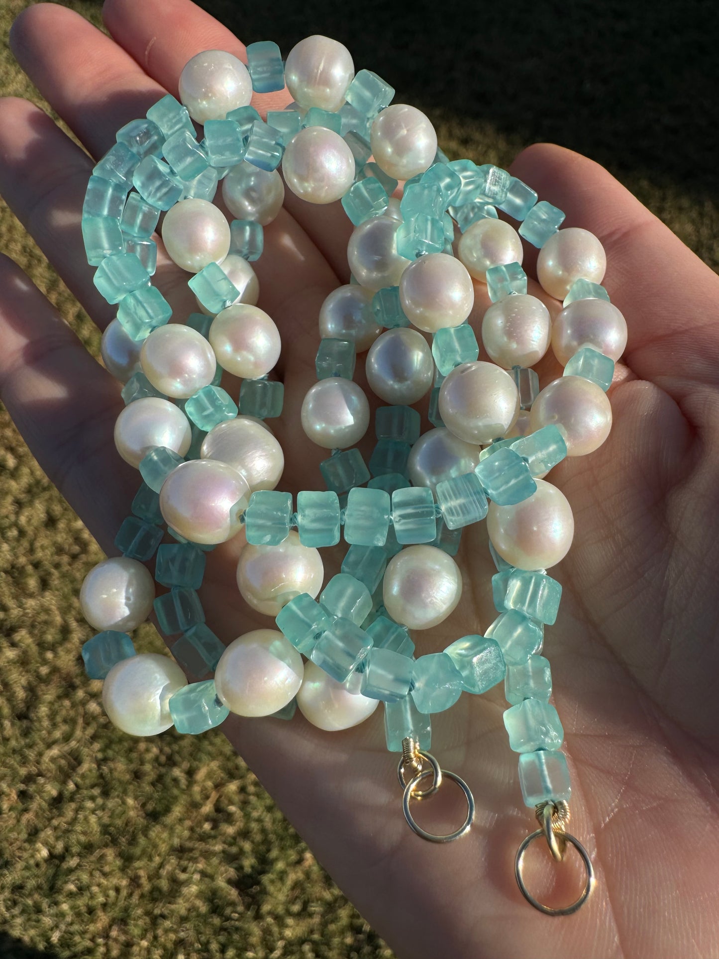 One of a Kind Blue Chalcedony and Pearl Knotted Candy Opera Necklace