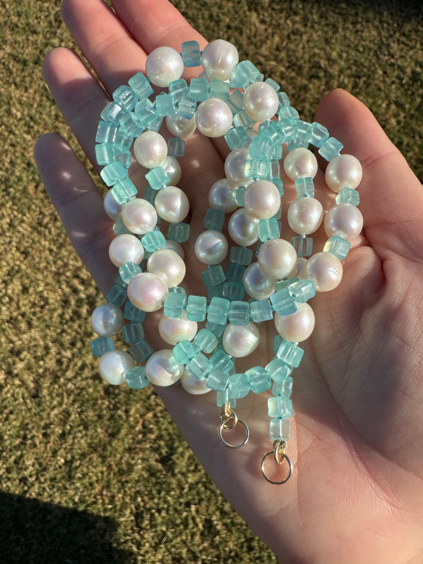 One of a Kind Blue Chalcedony and Pearl Knotted Candy Opera Necklace