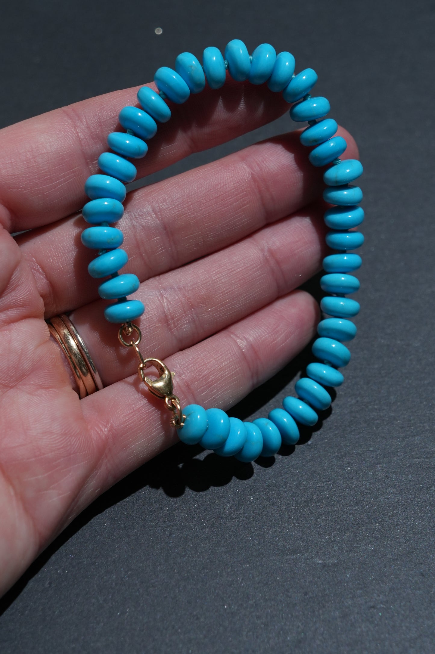 Kingman Turquoise Knotted Candy Bead Bracelet 14k