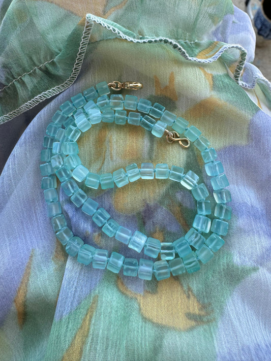 Seafoam Chalcedony Cube Knotted Bead Necklace