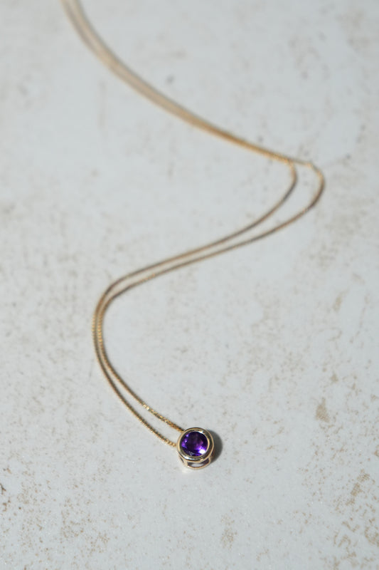 Amethyst Bezel Slider Charm Necklace 14k