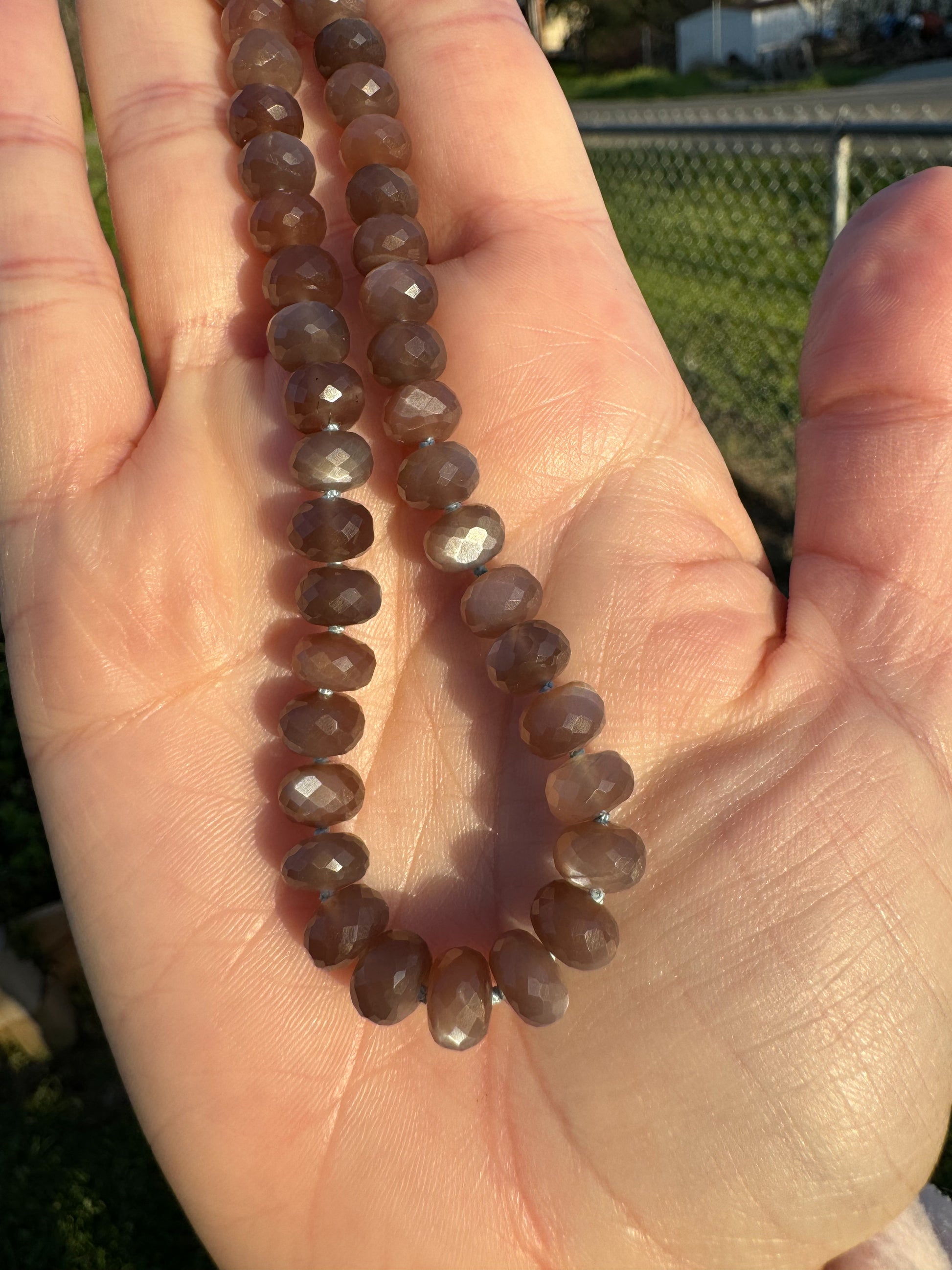 chocolate moonstone bead necklace handknotted silk gold clasp brown moonstone white flash