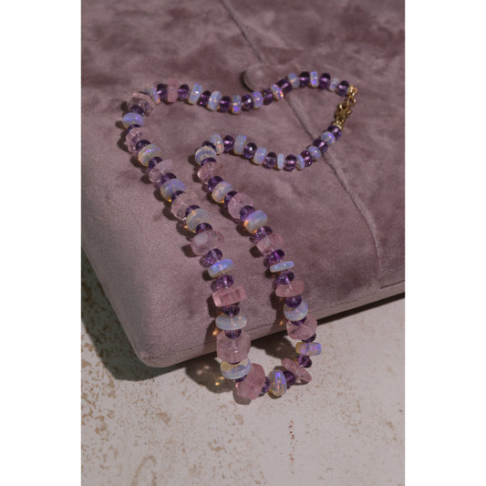 colorful gemstone bead necklace designer lavender crystal australian opals pink morganite purple amethyst 14k gold knotted bead candy necklace