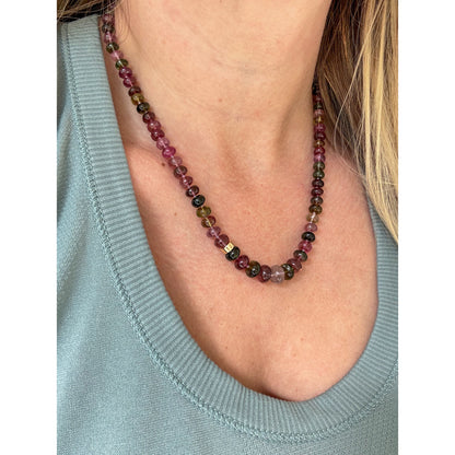 colorful multi tourmaline knotted candy bead necklace beaded gemstone necklaces 14k yellow gold on model 14k gold accents