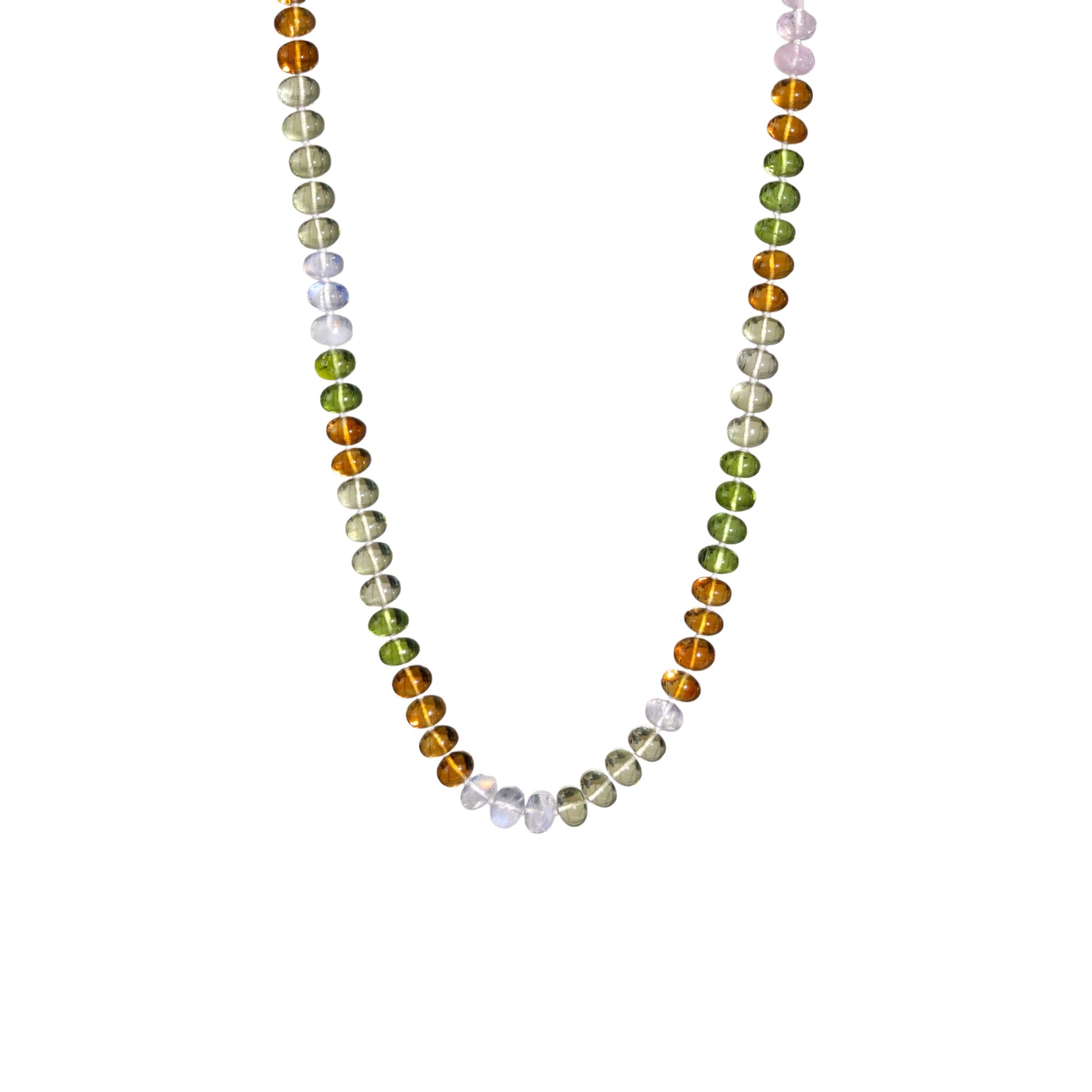 colorful rainbow gemstone bead necklace authentic gemstones moonstone lemon quartz citrine peridot 14k gold knotted candy bead necklace