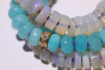 One of a Kind White Australian Opal, Blue Amazonite, and Diamond Knotted Gemstone Candy Necklace