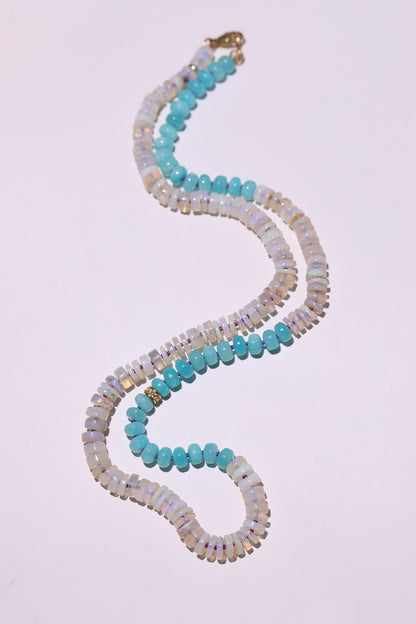 One of a Kind White Australian Opal, Blue Amazonite, and Diamond Knotted Gemstone Candy Necklace