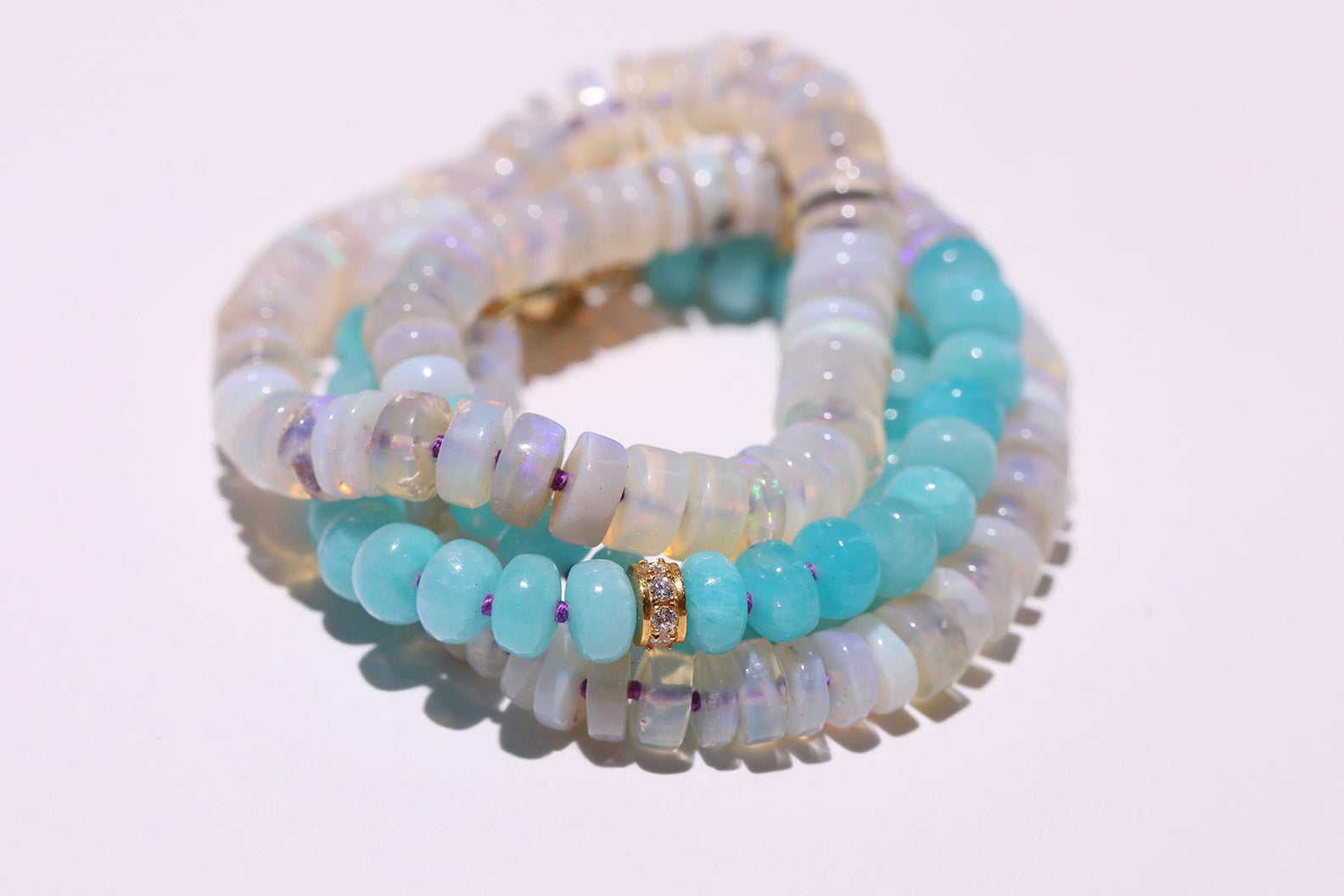 One of a Kind White Australian Opal, Blue Amazonite, and Diamond Knotted Gemstone Candy Necklace