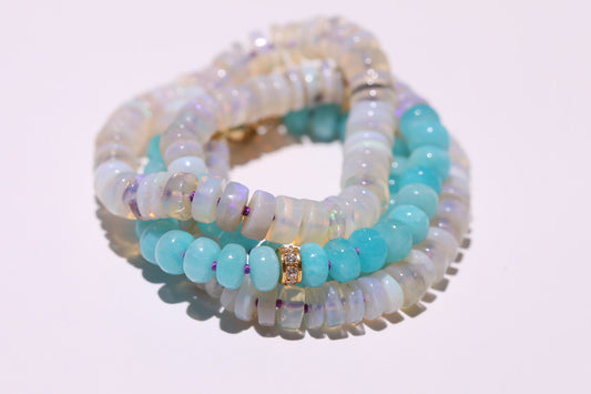 One of a Kind White Australian Opal, Blue Amazonite, and Diamond Knotted Gemstone Candy Necklace