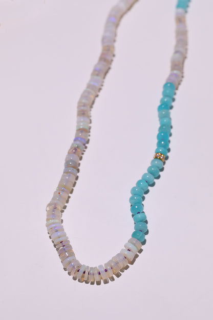 One of a Kind White Australian Opal, Blue Amazonite, and Diamond Knotted Gemstone Candy Necklace