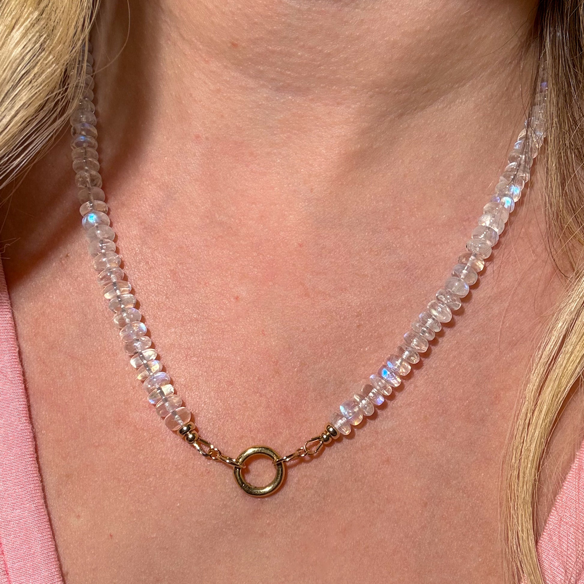 rainbow moonstone bead necklace 14k open loops