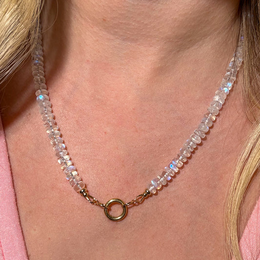 rainbow moonstone bead necklace 14k open loops